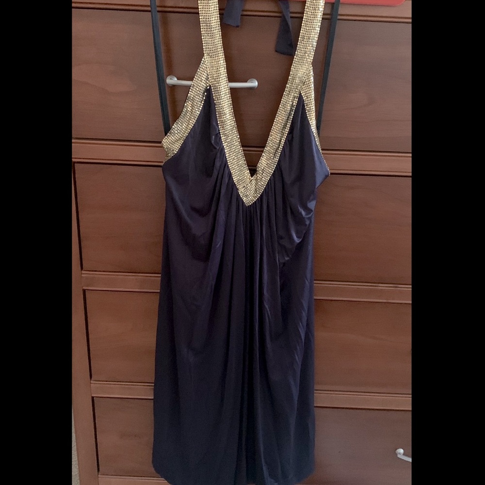 BCBG navy low back halter dress, silver sequence